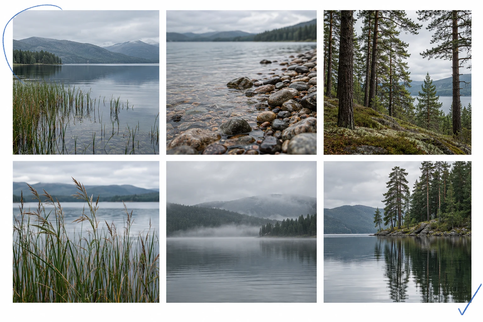 Six illustrative lakeshore photographs arranged as a contact sheet with blue selection marks